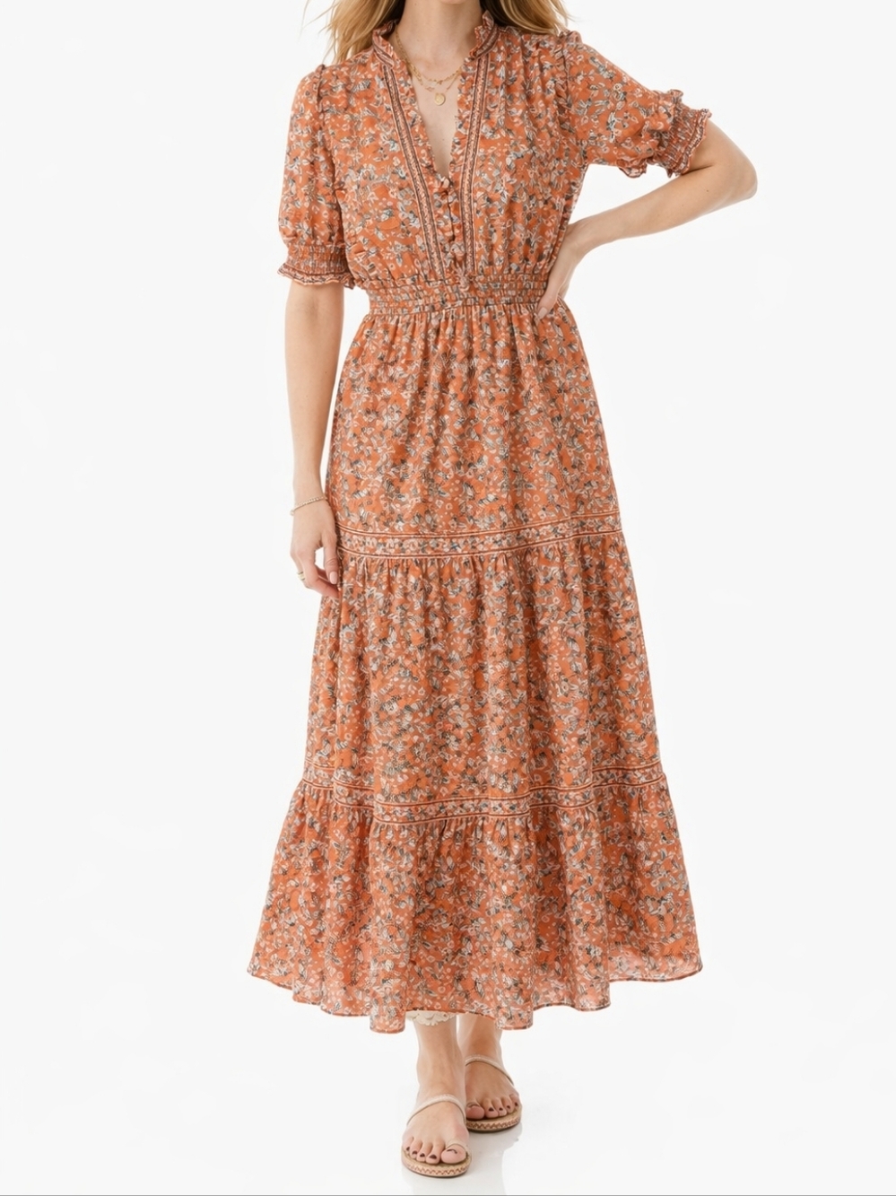 Max Studio Rust Floral Smocked-Waist Maxi Dress